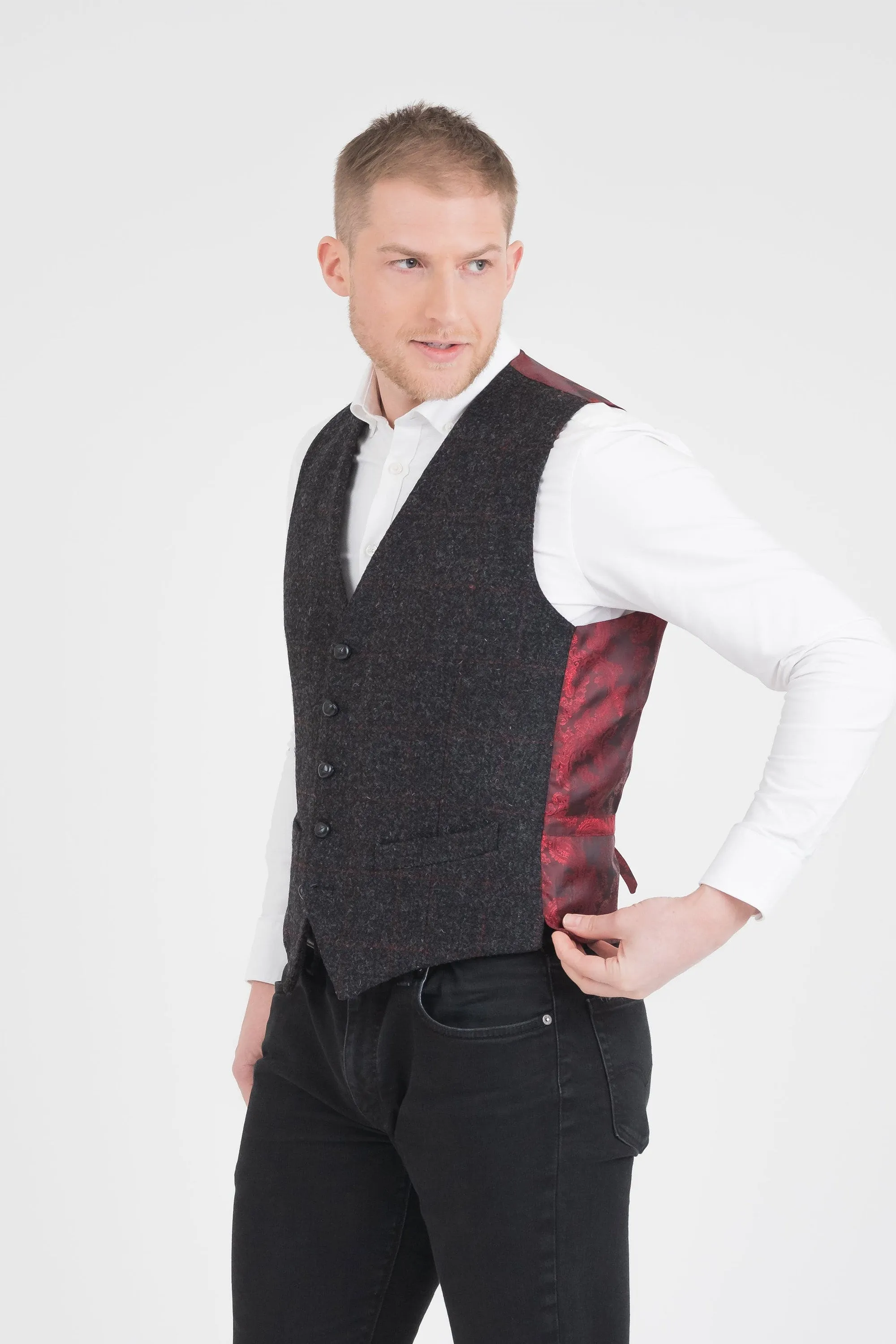 Harris Tweed Iain Waistcoat - Charcoal Red Check