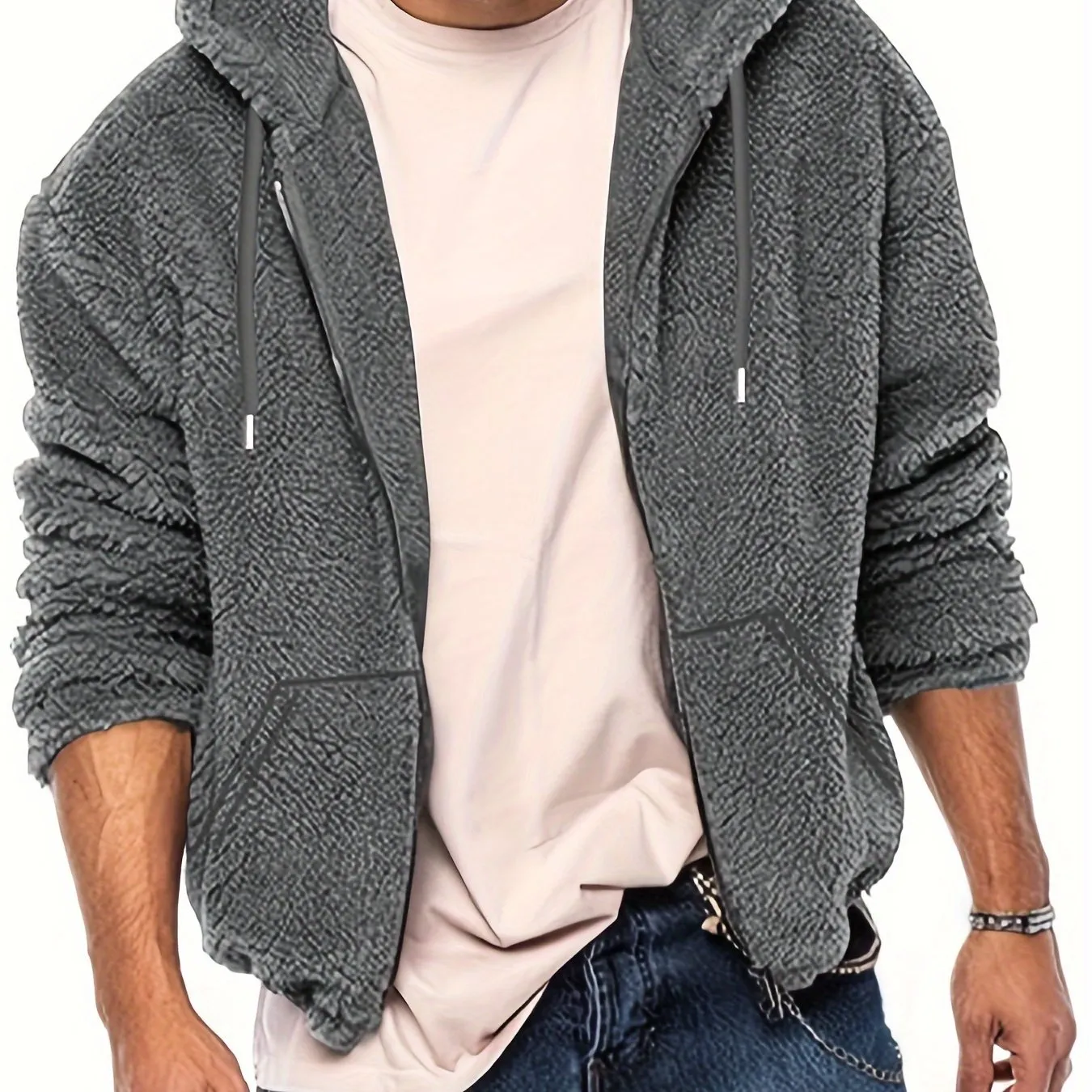 Ilooove Men's Reversible Fleece Hooded Jacket - Casual Zip-Up Outdoor Coat with Pockets, Perfect for Fall & Winter, for Winter