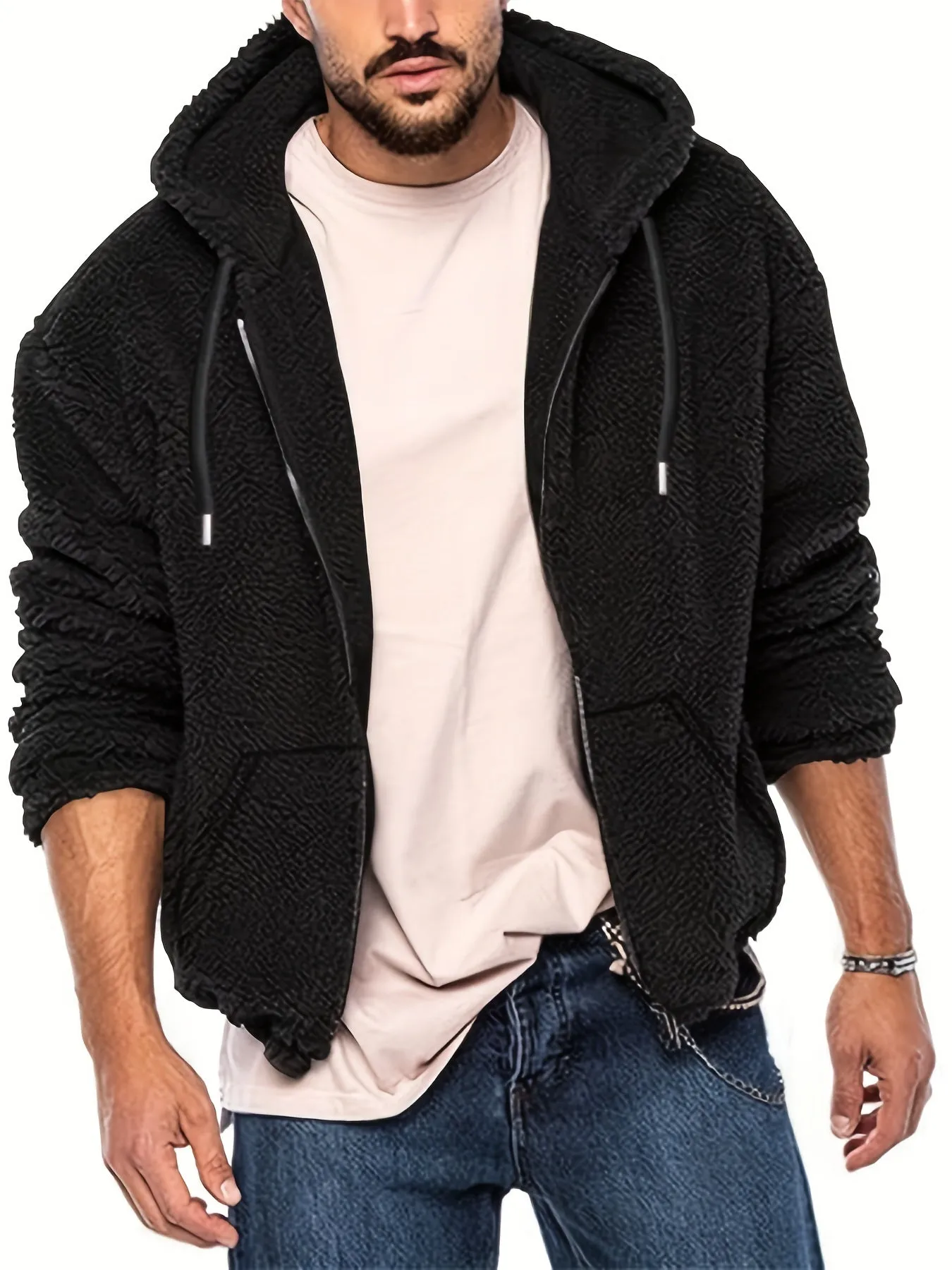 Ilooove Men's Reversible Fleece Hooded Jacket - Casual Zip-Up Outdoor Coat with Pockets, Perfect for Fall & Winter, for Winter