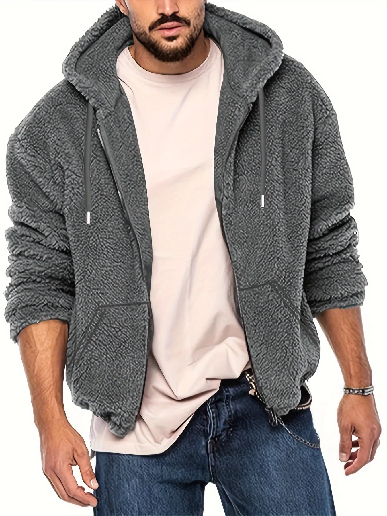 Ilooove Men's Reversible Fleece Hooded Jacket - Casual Zip-Up Outdoor Coat with Pockets, Perfect for Fall & Winter, for Winter