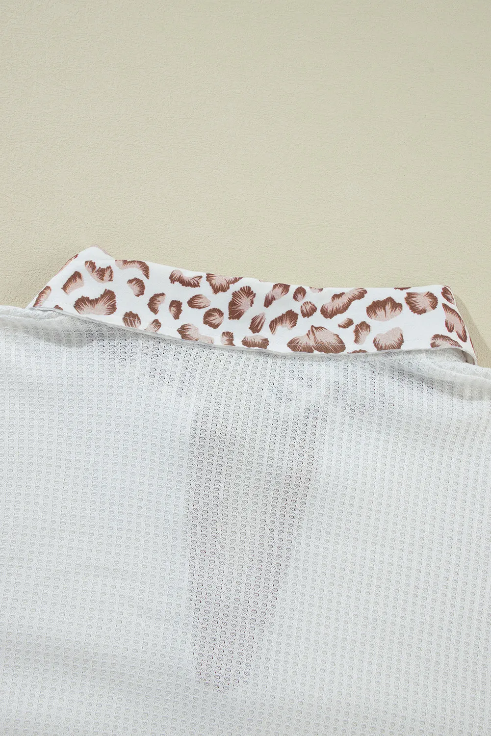 Leopard Patchwork Turn-down Collar Waffle Top