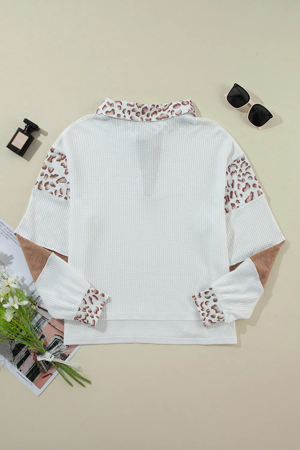 Leopard Patchwork Turn-down Collar Waffle Top