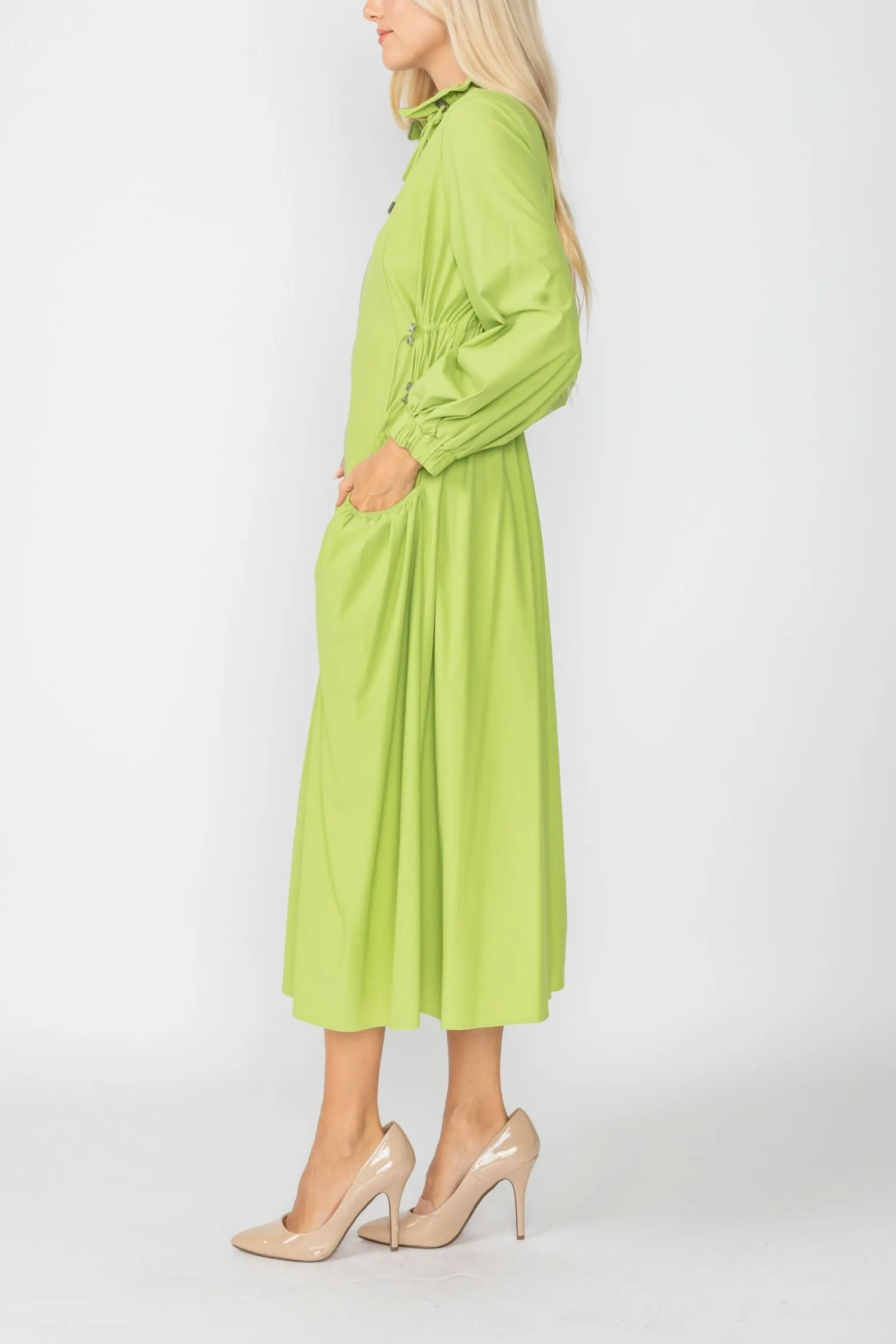 Lime Draw Stand Collar Side Drawed Shirring Long Jacket