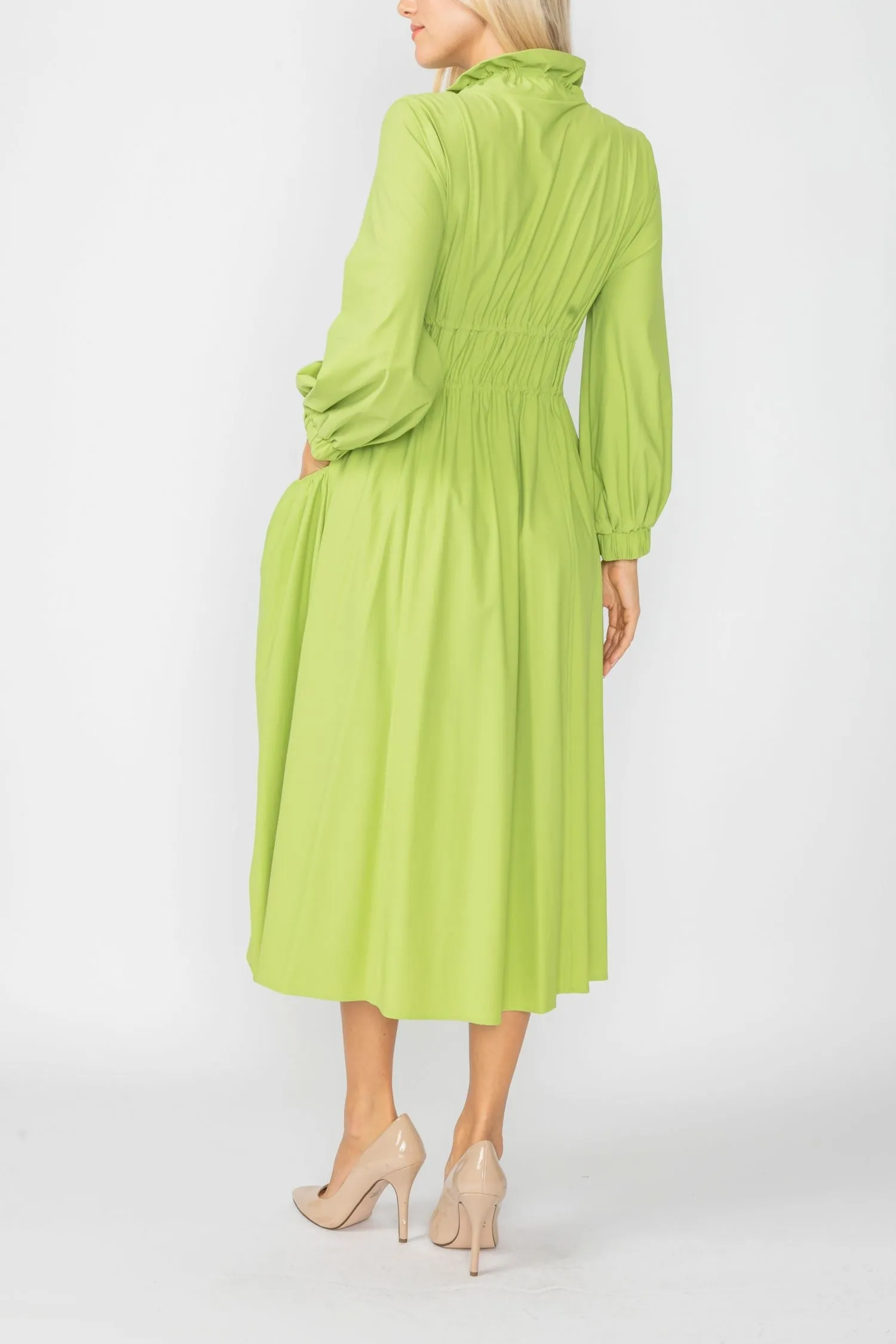 Lime Draw Stand Collar Side Drawed Shirring Long Jacket