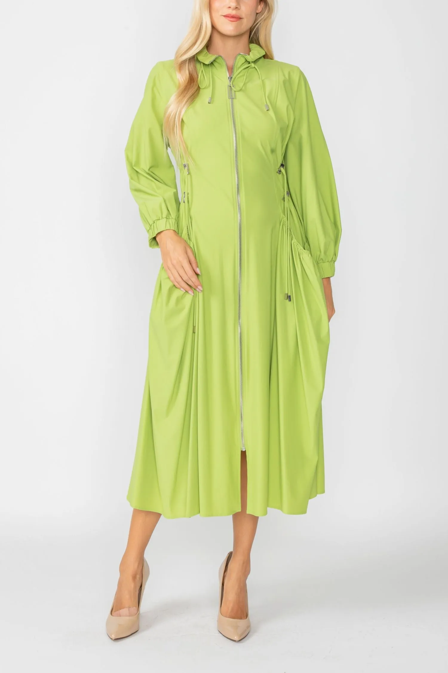 Lime Draw Stand Collar Side Drawed Shirring Long Jacket