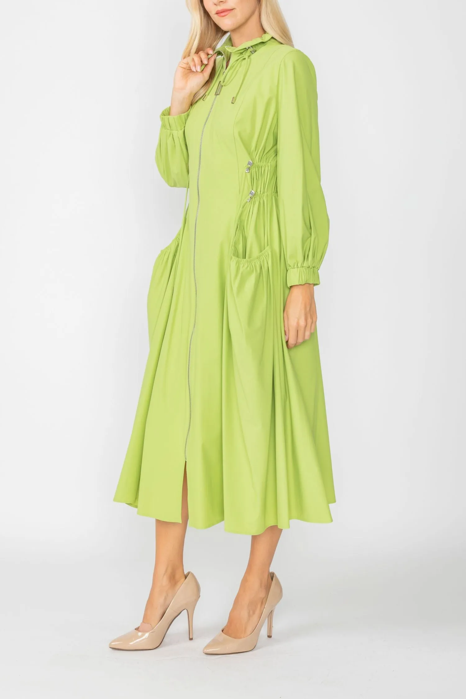 Lime Draw Stand Collar Side Drawed Shirring Long Jacket