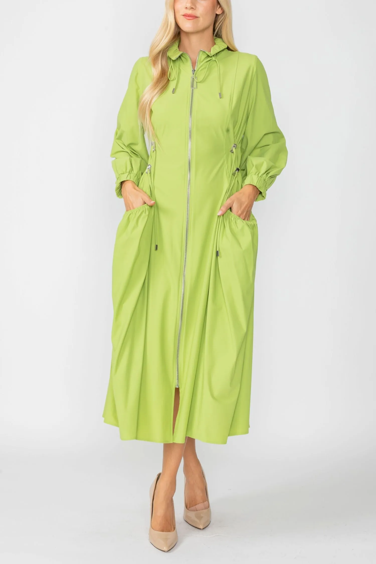 Lime Draw Stand Collar Side Drawed Shirring Long Jacket