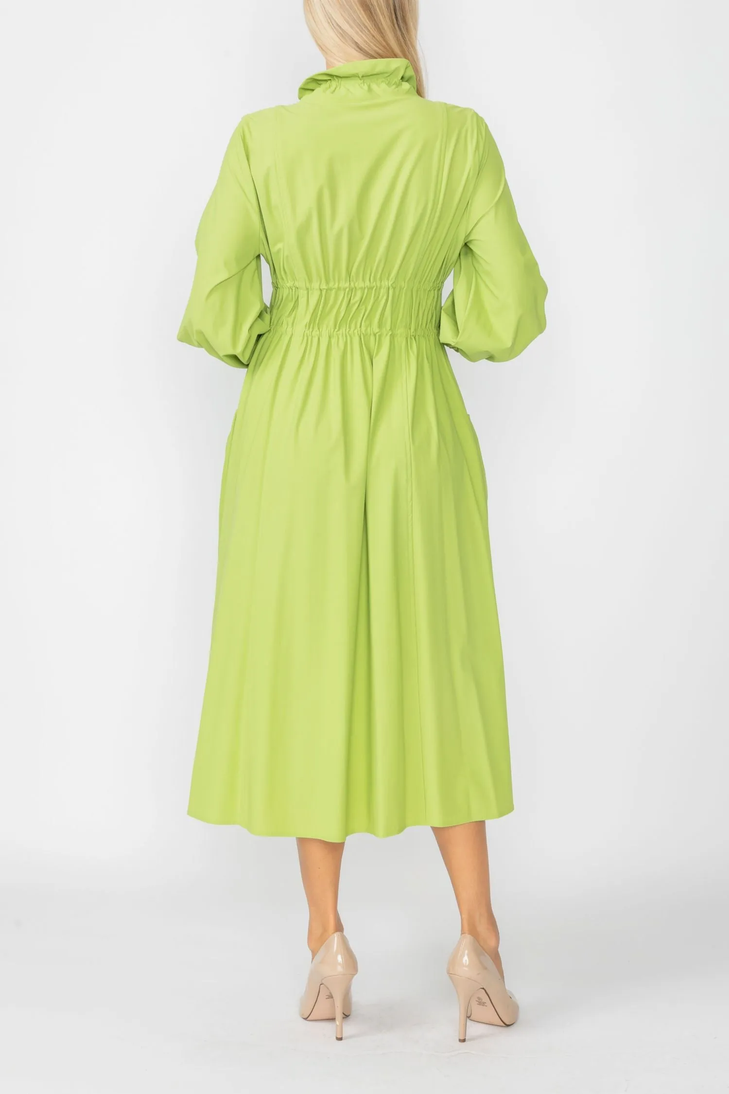 Lime Draw Stand Collar Side Drawed Shirring Long Jacket