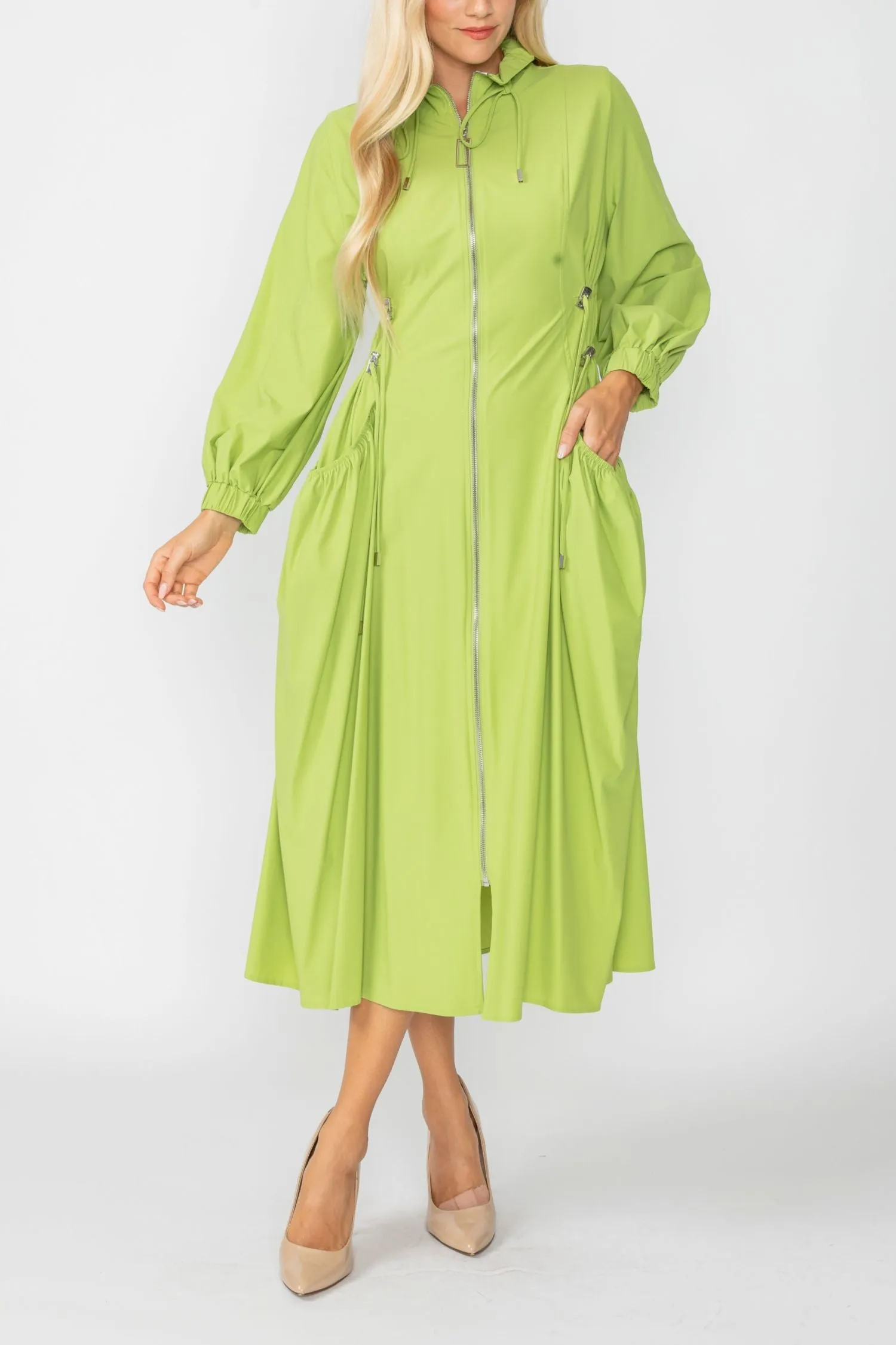 Lime Draw Stand Collar Side Drawed Shirring Long Jacket