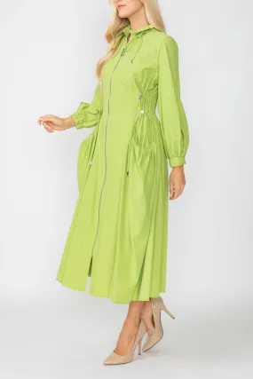 Lime Draw Stand Collar Side Drawed Shirring Long Jacket