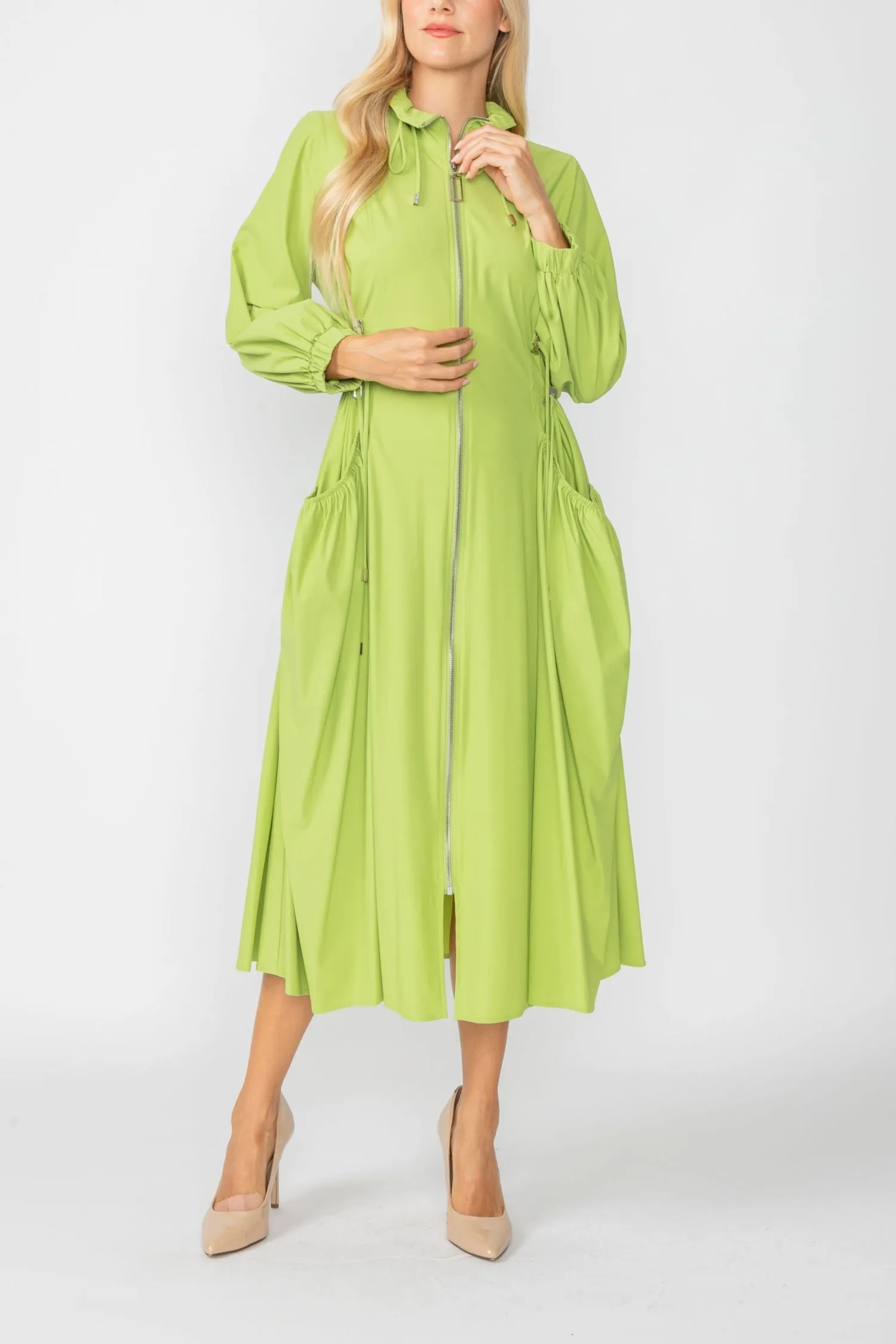 Lime Draw Stand Collar Side Drawed Shirring Long Jacket