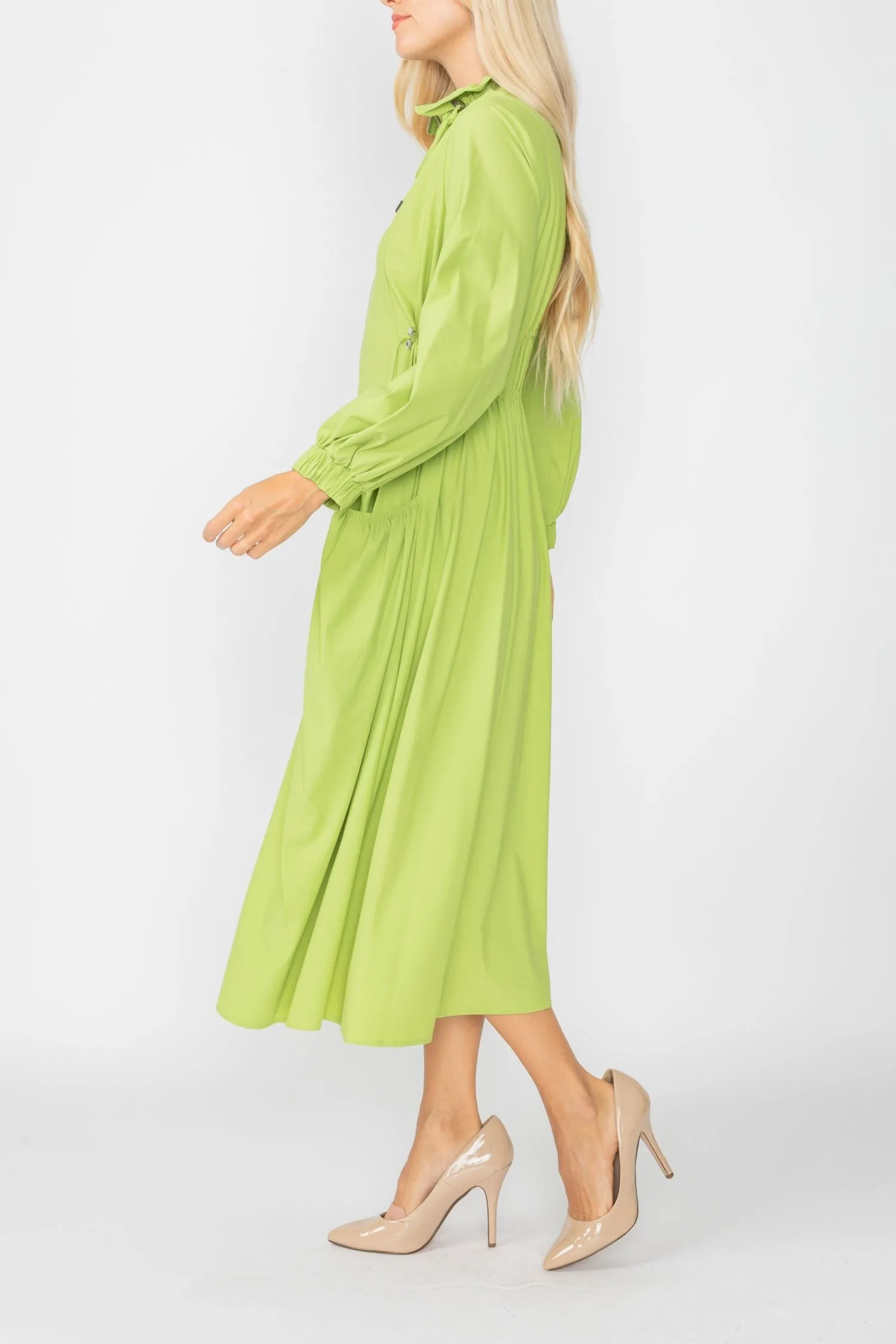 Lime Draw Stand Collar Side Drawed Shirring Long Jacket