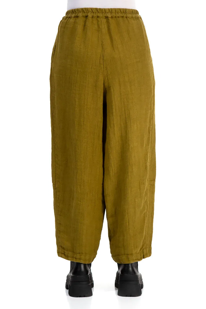 Loose Golden Olive Textured Linen Trousers