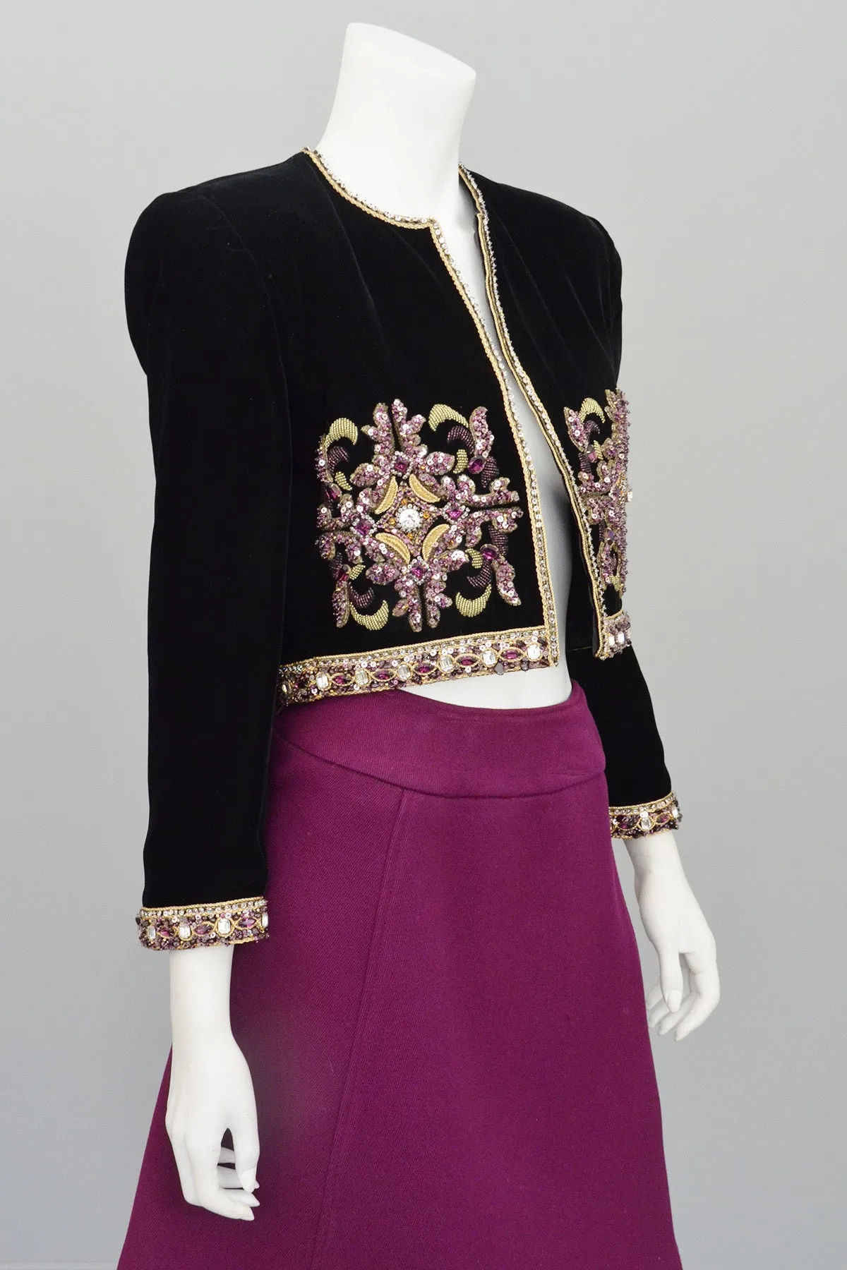 Mary McFadden Plum Velvet Beaded Cropped Evening Jacket