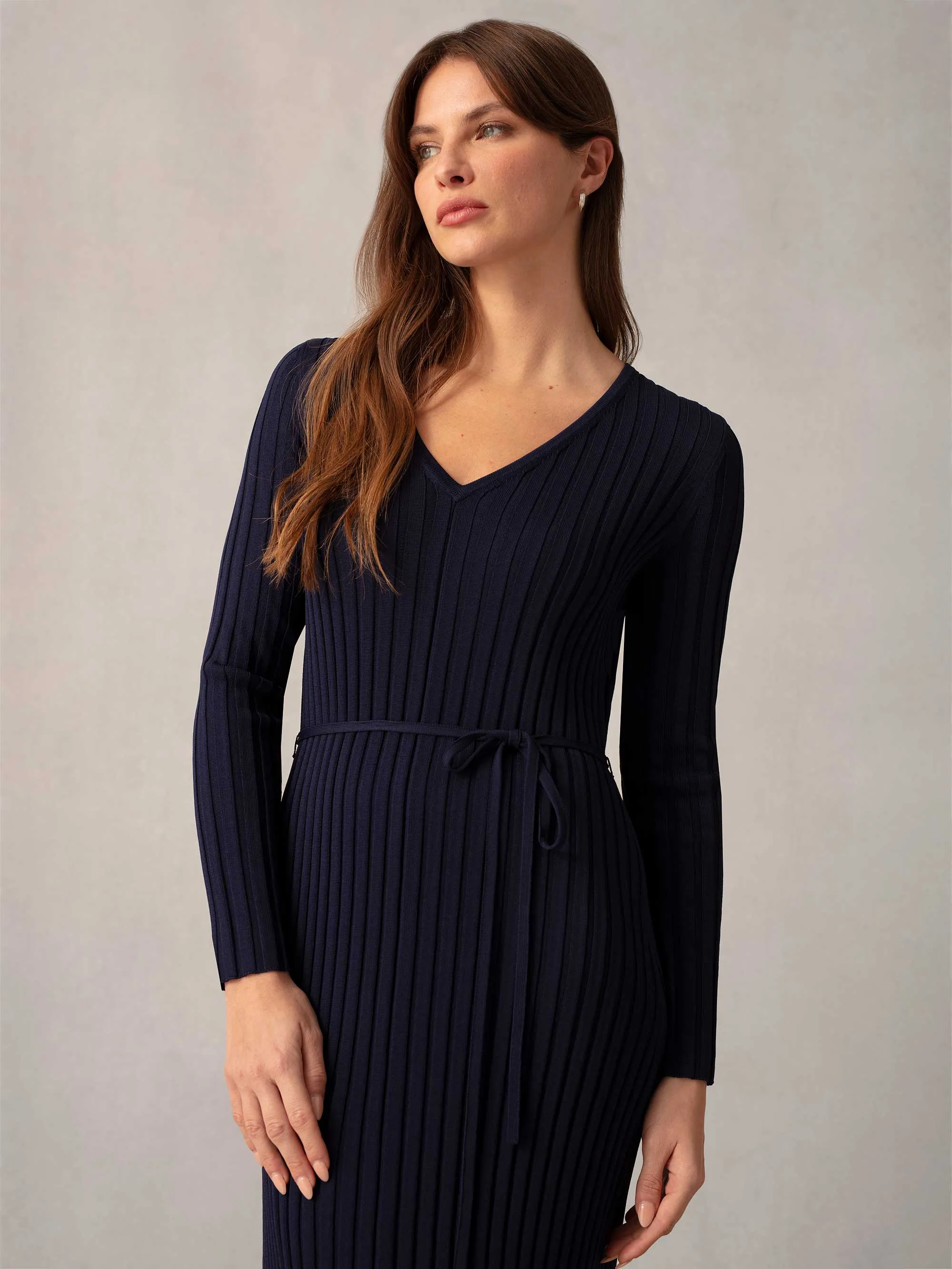 Navy Wide Rib Knit V-Neck Maxi Dress