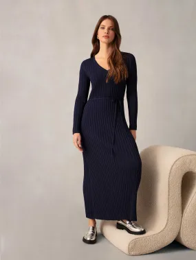 Navy Wide Rib Knit V-Neck Maxi Dress