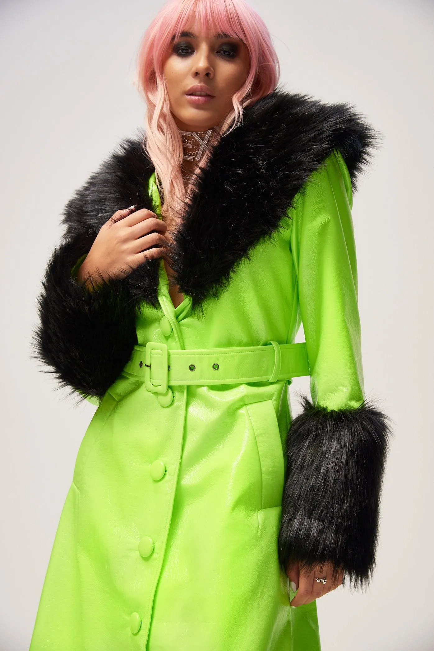 Neon Midi Coat With Black Faux Fur