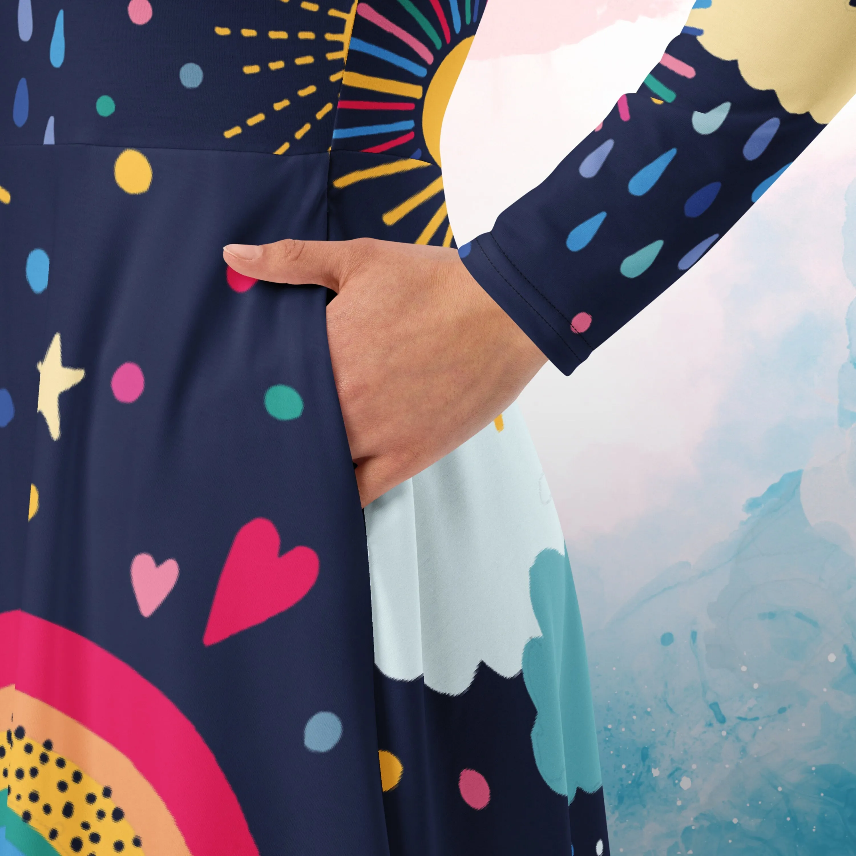 Rainbows and Rain Clouds Weather Themed Womens Long Sleeve Midi Dress with Pockets