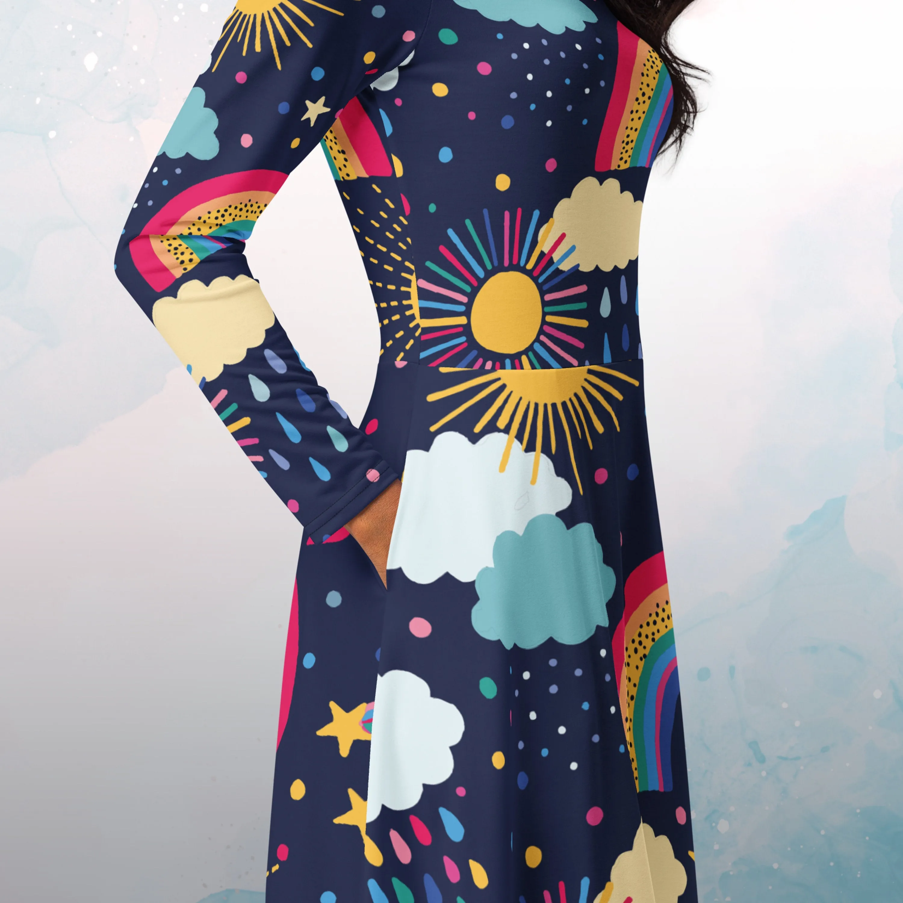 Rainbows and Rain Clouds Weather Themed Womens Long Sleeve Midi Dress with Pockets