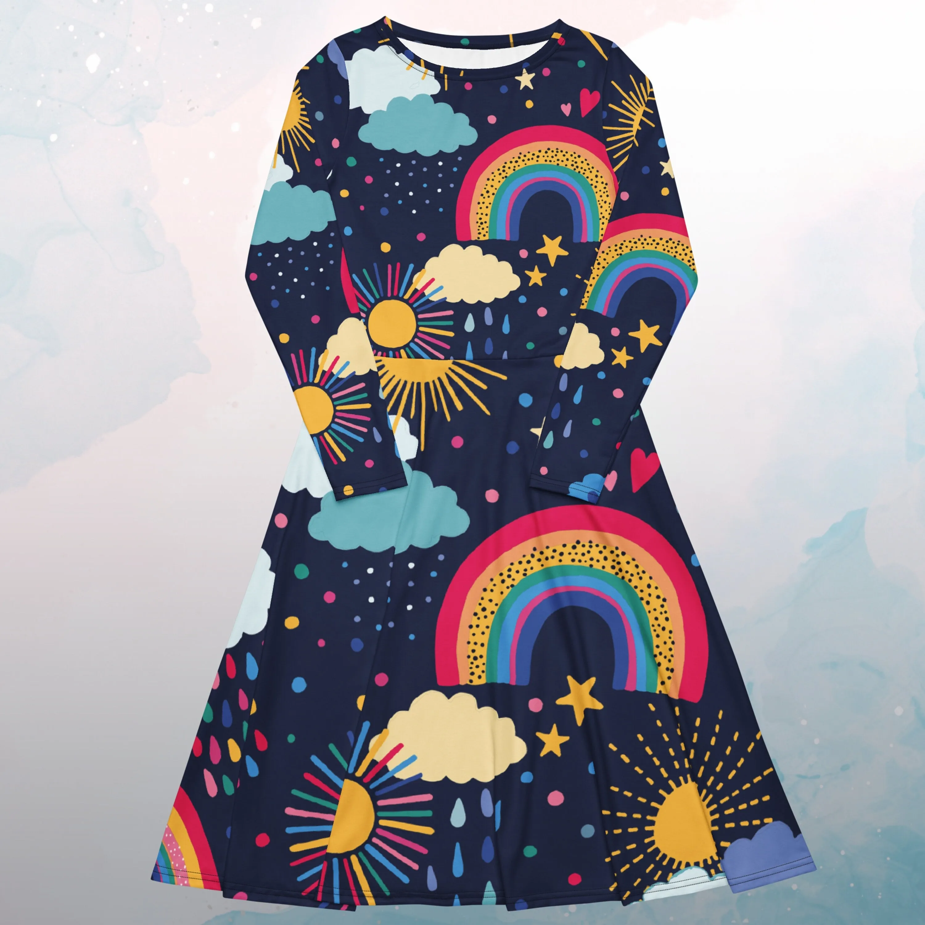 Rainbows and Rain Clouds Weather Themed Womens Long Sleeve Midi Dress with Pockets