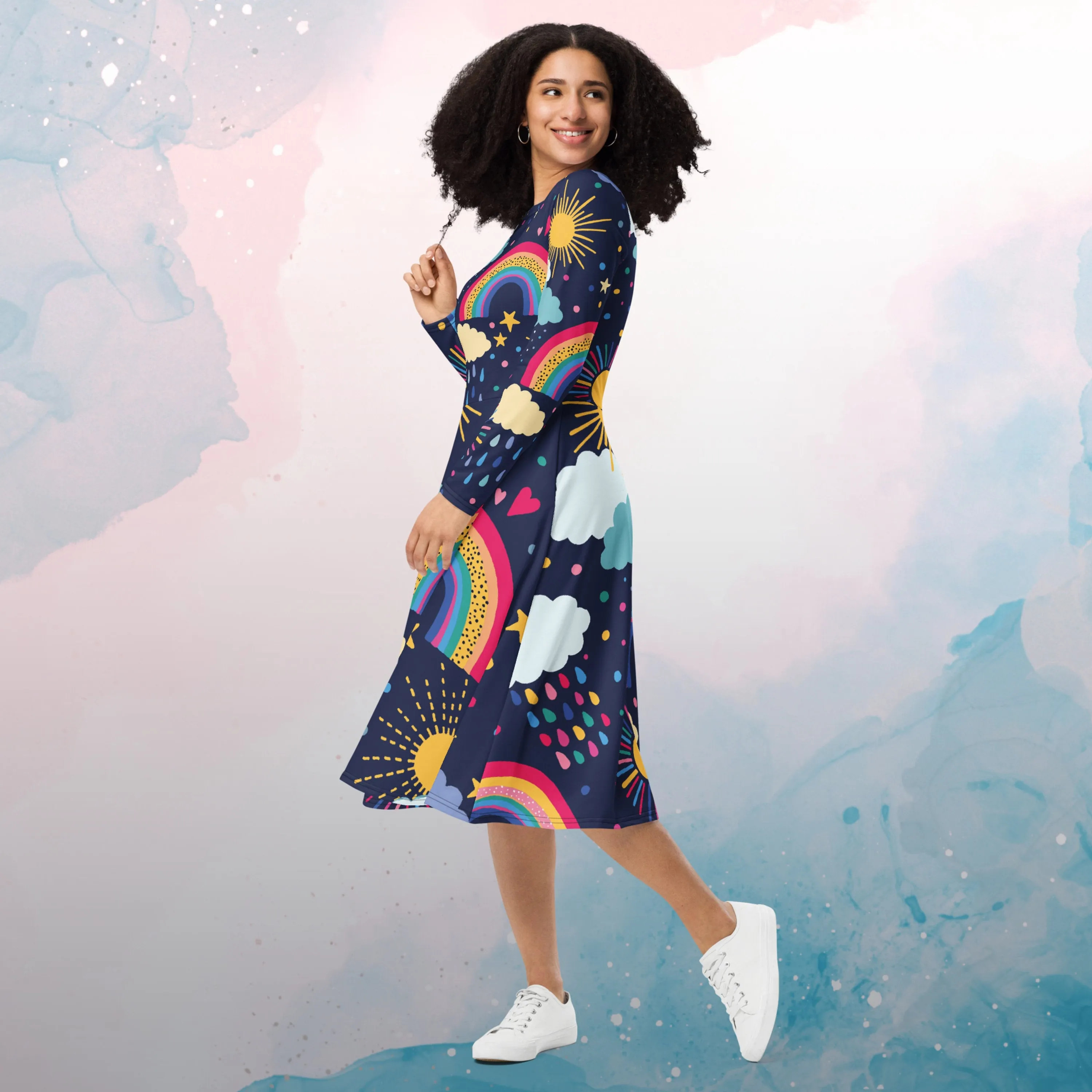 Rainbows and Rain Clouds Weather Themed Womens Long Sleeve Midi Dress with Pockets