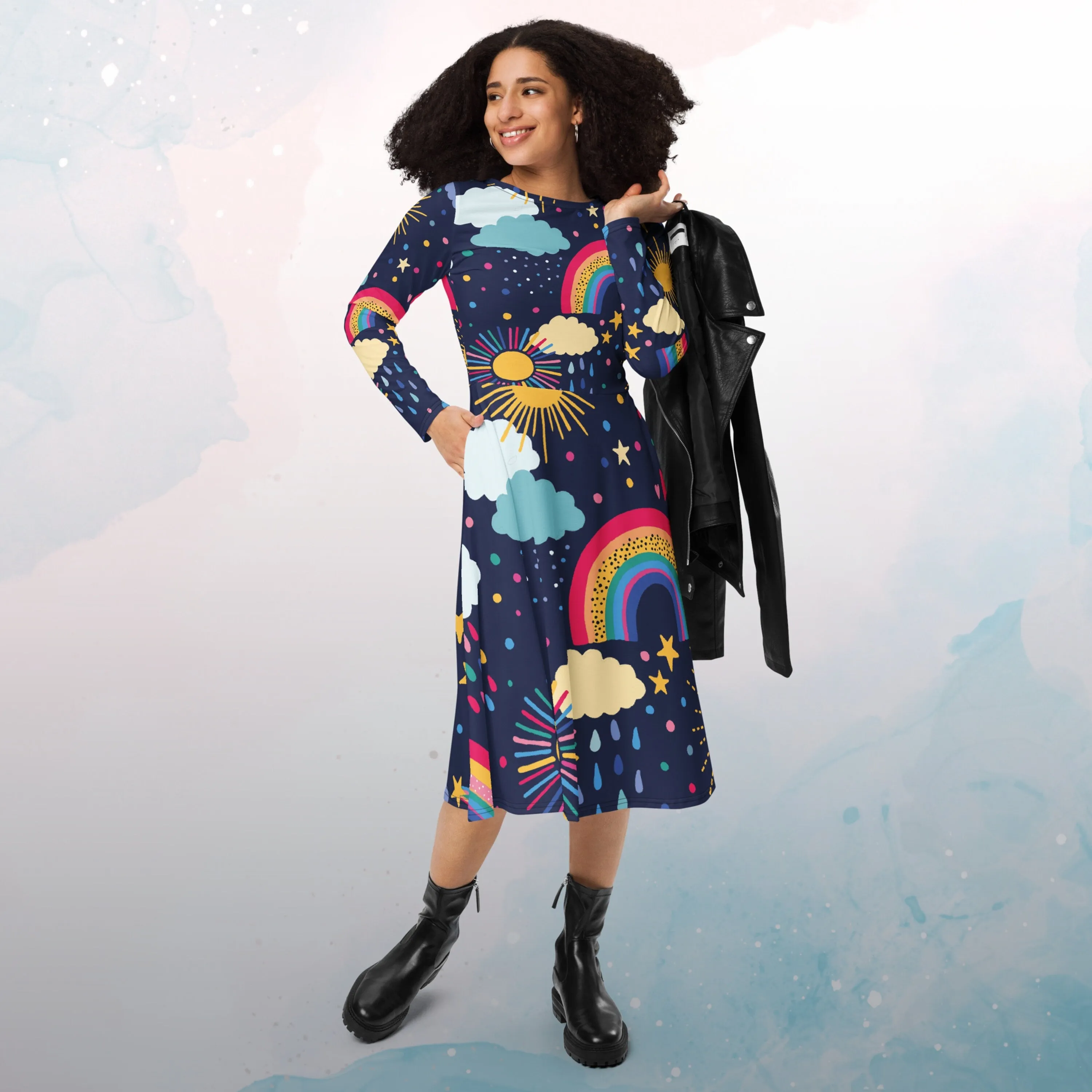 Rainbows and Rain Clouds Weather Themed Womens Long Sleeve Midi Dress with Pockets