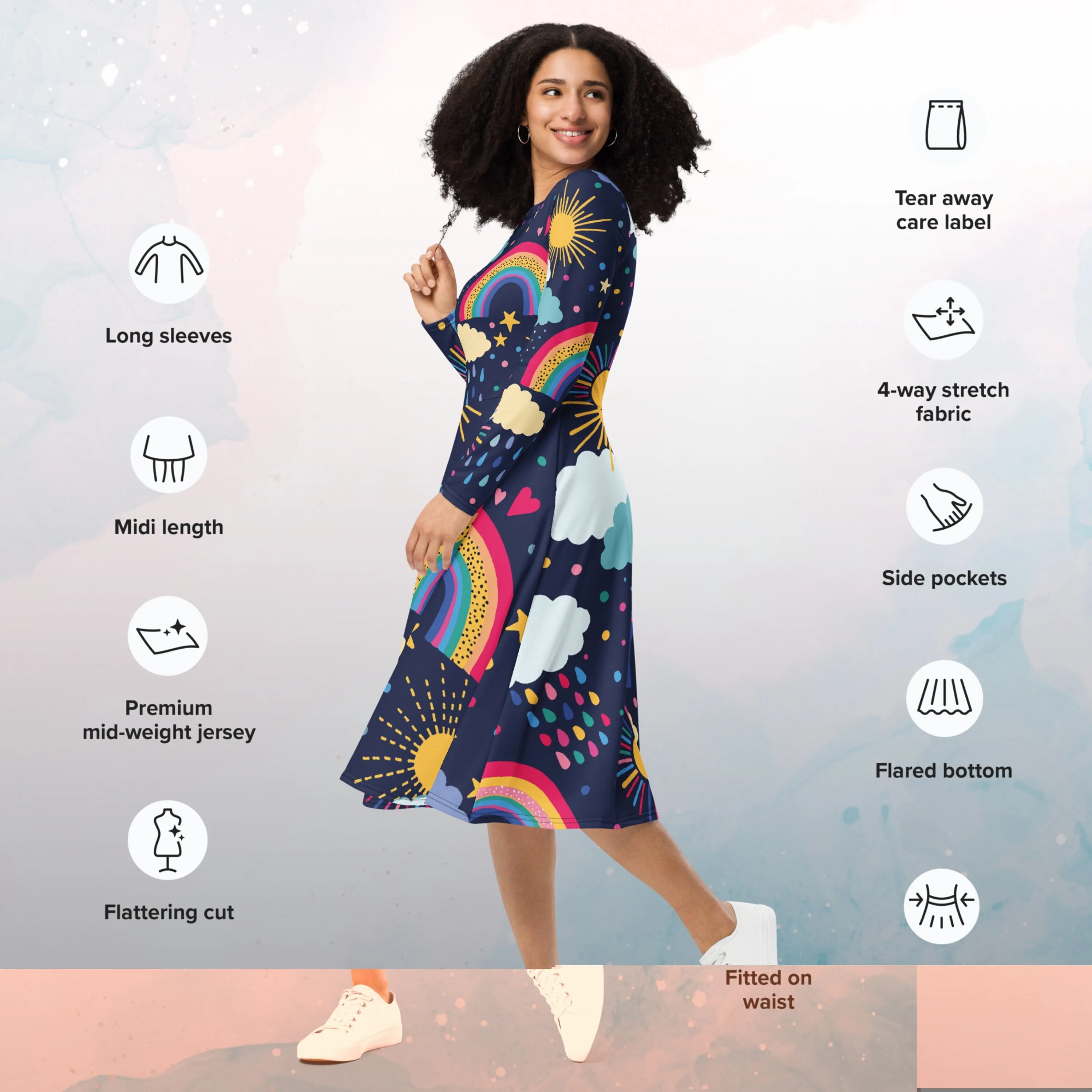 Rainbows and Rain Clouds Weather Themed Womens Long Sleeve Midi Dress with Pockets