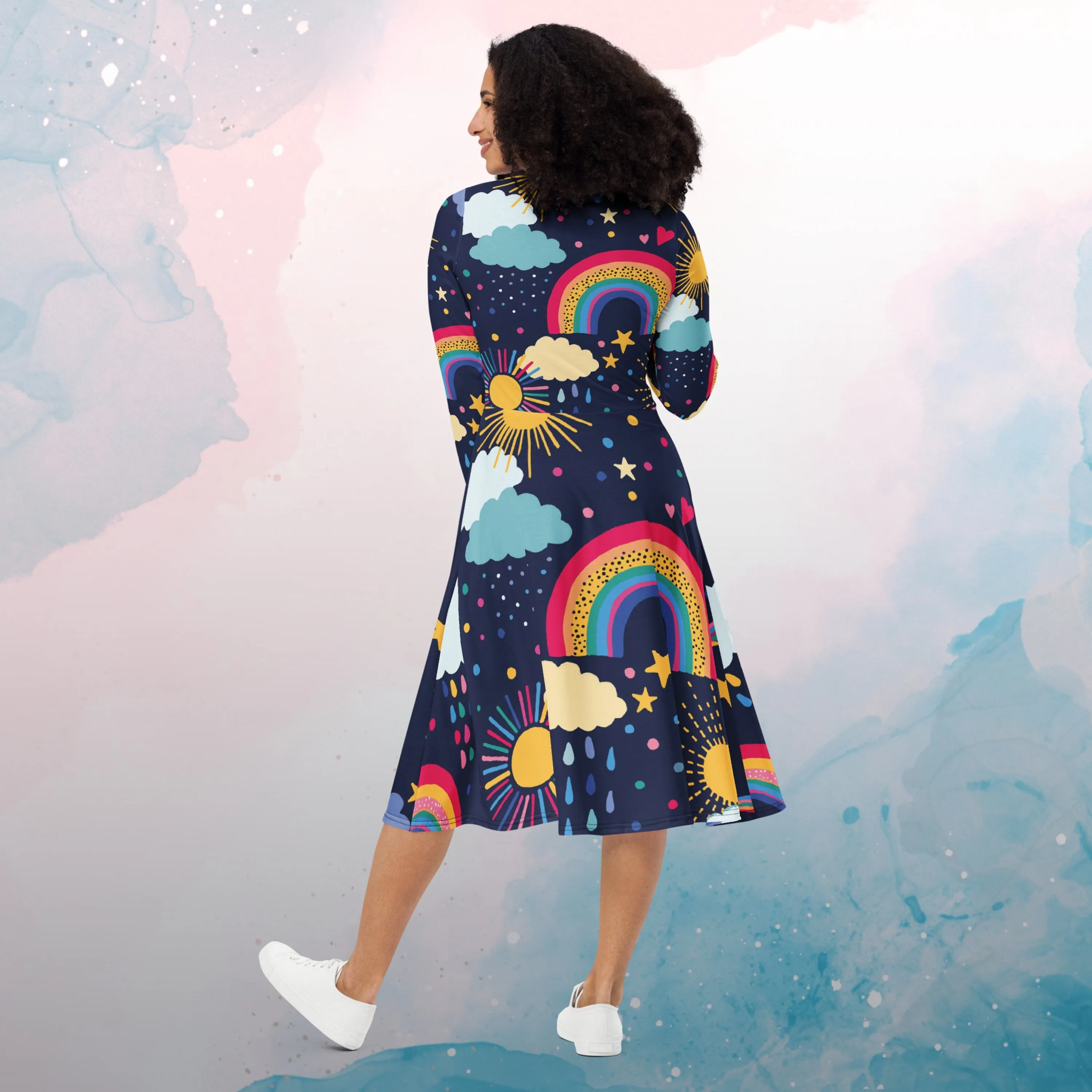 Rainbows and Rain Clouds Weather Themed Womens Long Sleeve Midi Dress with Pockets