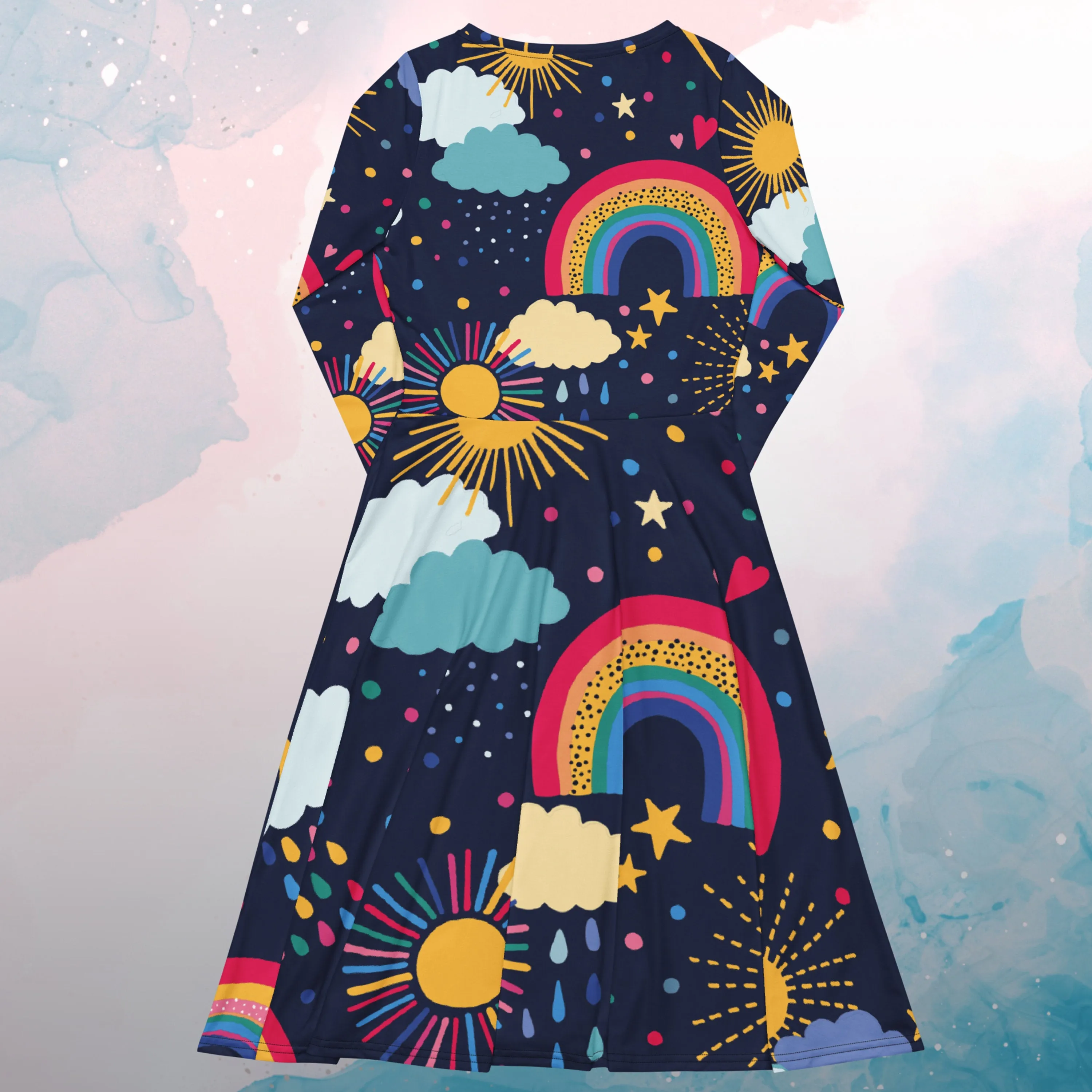 Rainbows and Rain Clouds Weather Themed Womens Long Sleeve Midi Dress with Pockets