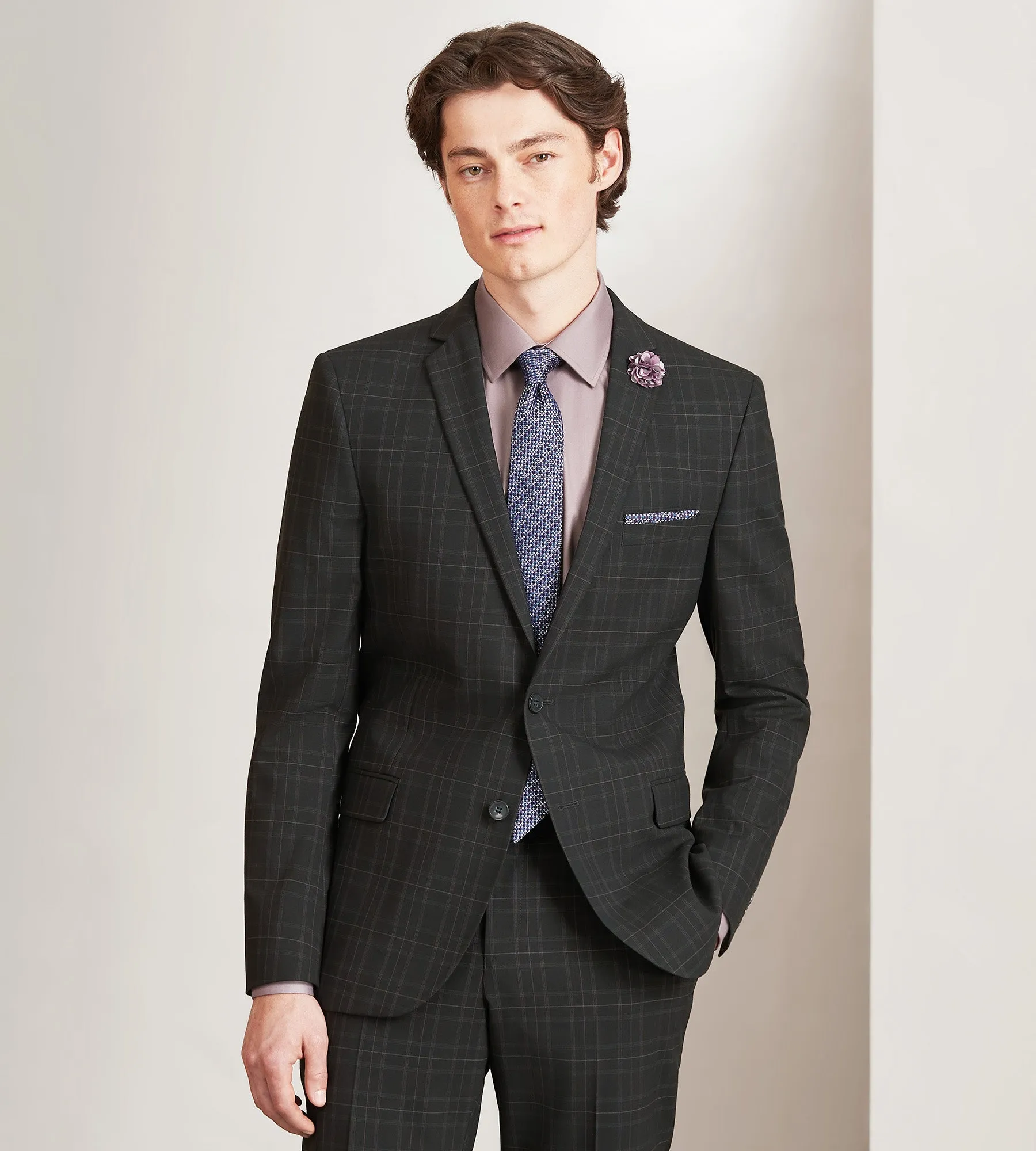 Slim Fit Black Plaid Suit Jacket