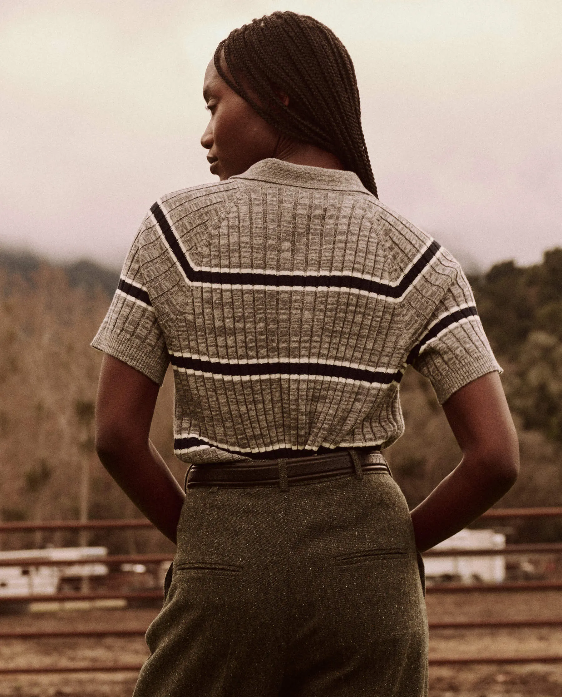 The Classic Polo Sweater. -- Heather Grey Stripe