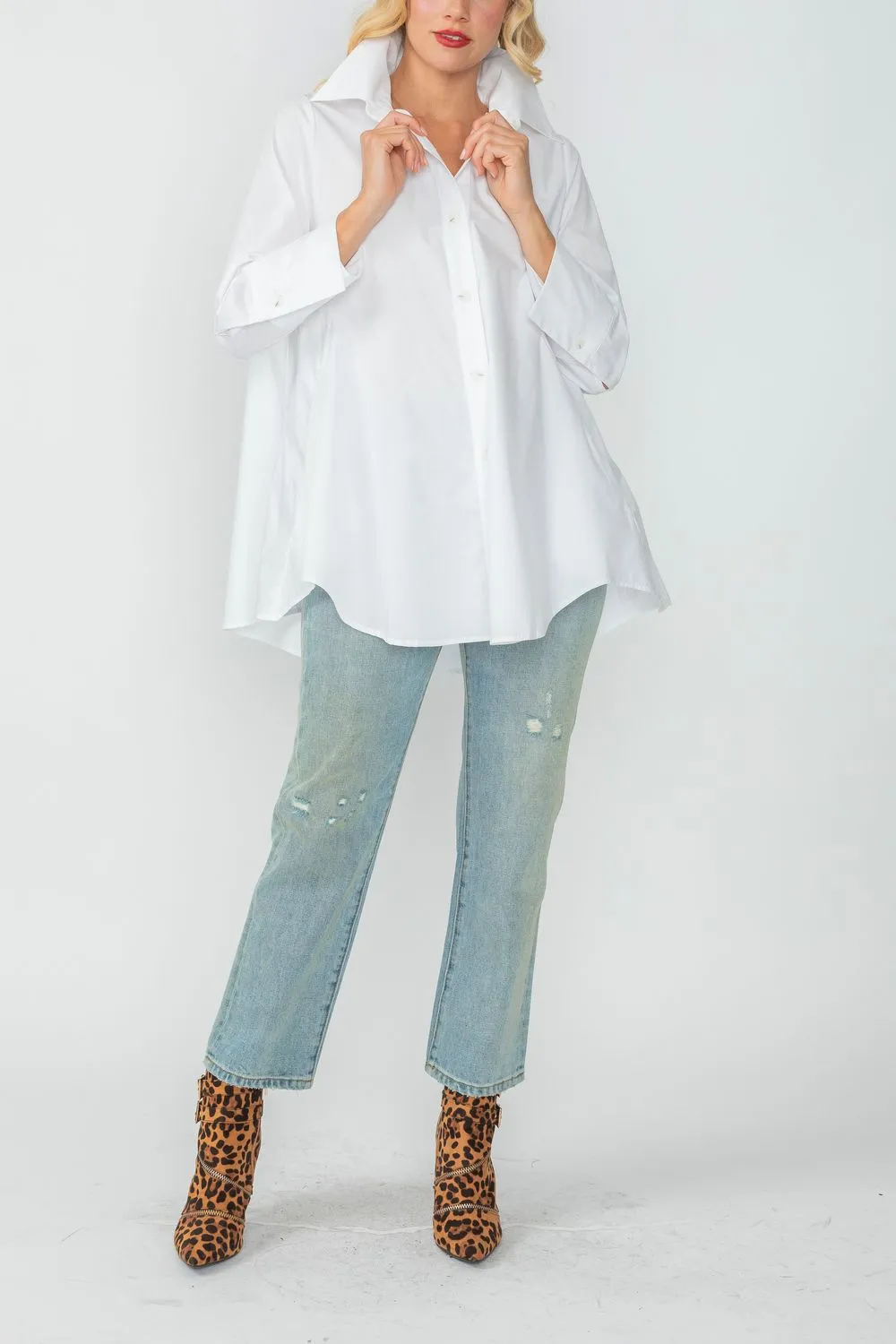 White Fold Down Collar Blouse