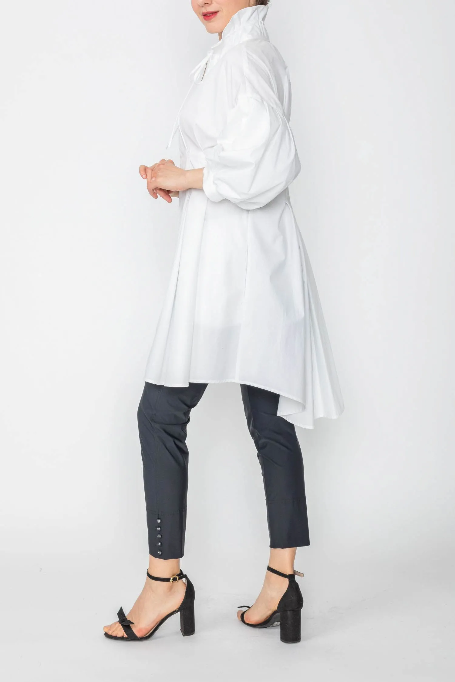 White Stand Shirring Collar Waist-Pleats Darkts Jacket