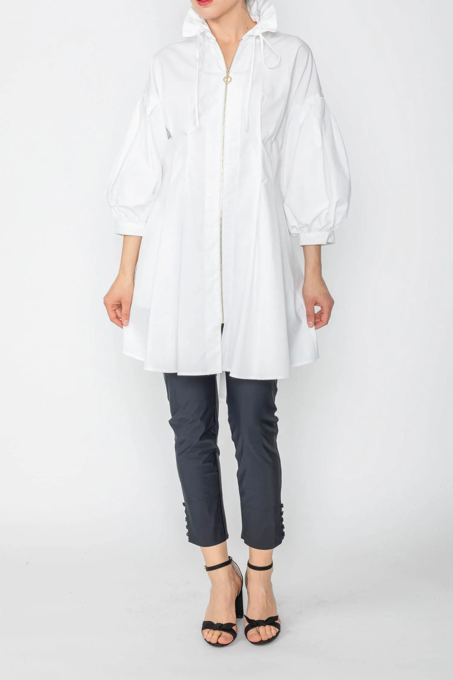 White Stand Shirring Collar Waist-Pleats Darkts Jacket