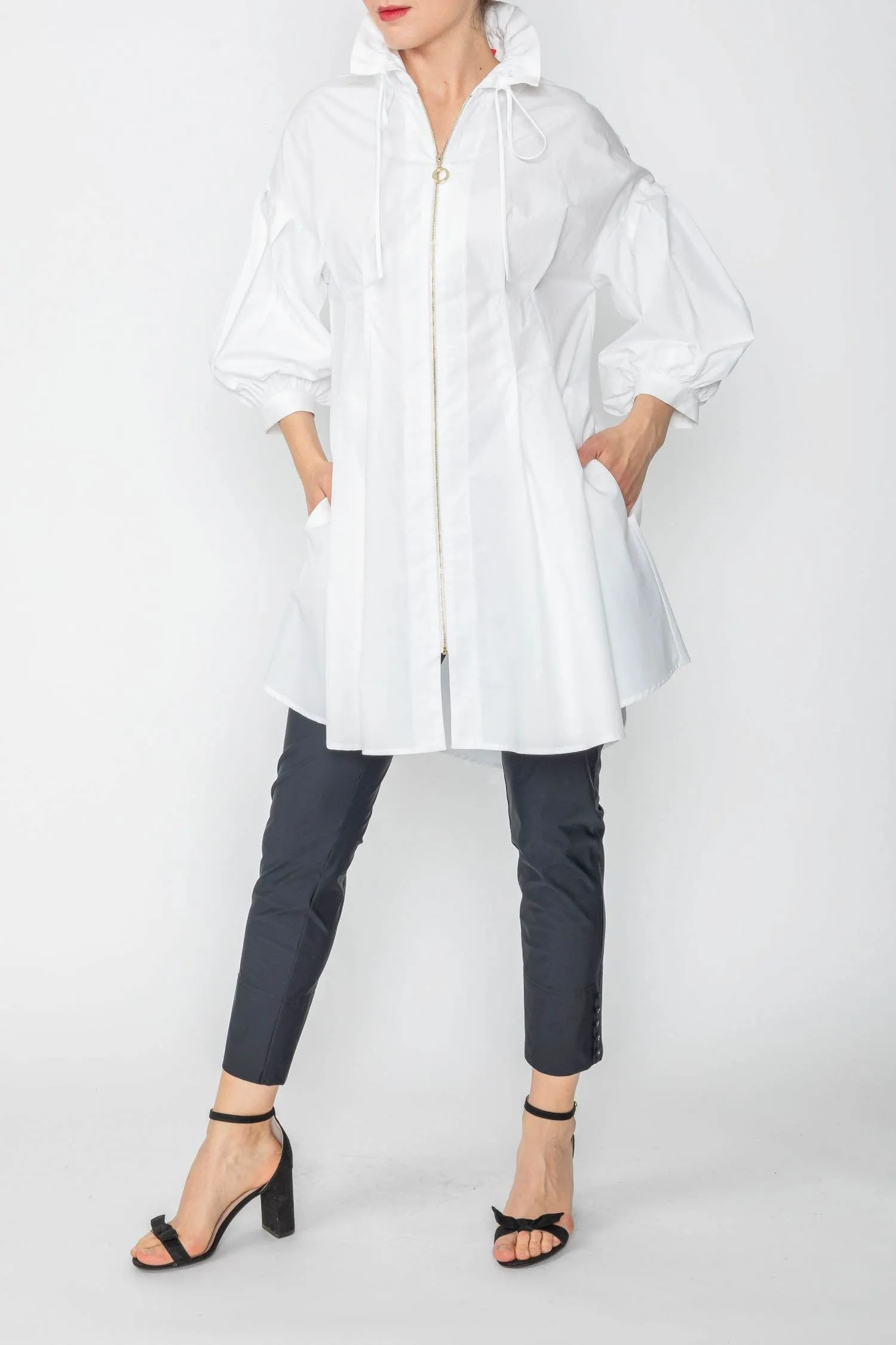 White Stand Shirring Collar Waist-Pleats Darkts Jacket