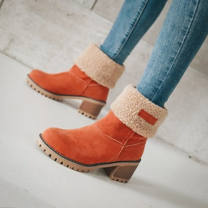 Wholesale  Mid Length Thick Heeled Suede Rubber Winter Shoes