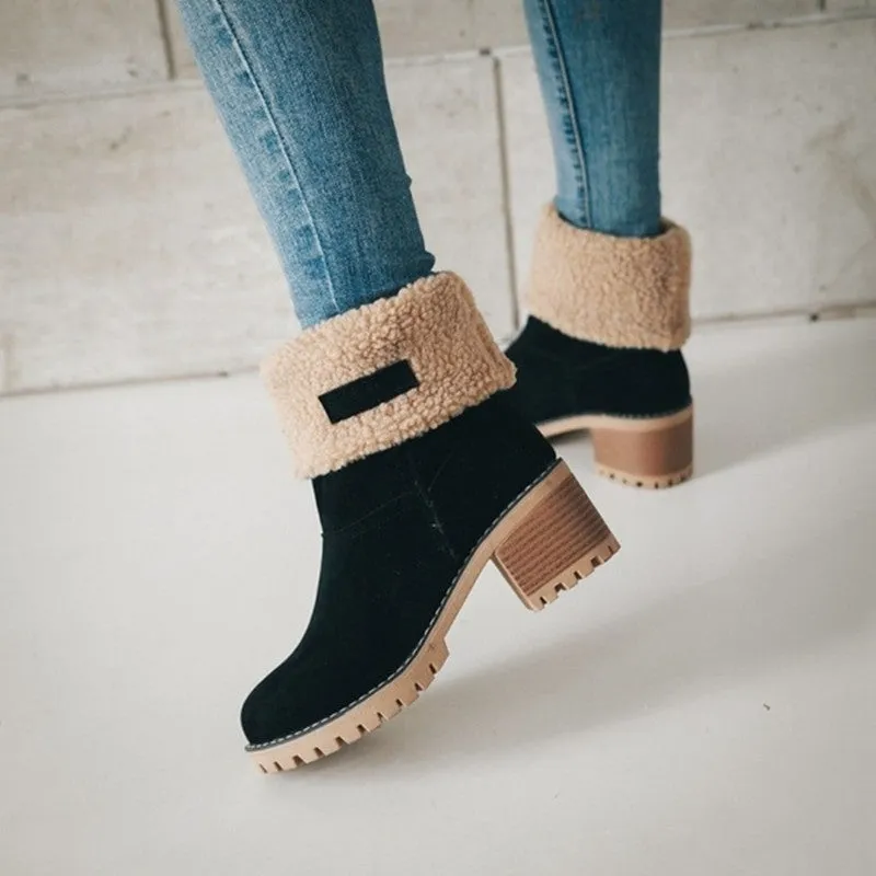 Wholesale  Mid Length Thick Heeled Suede Rubber Winter Shoes