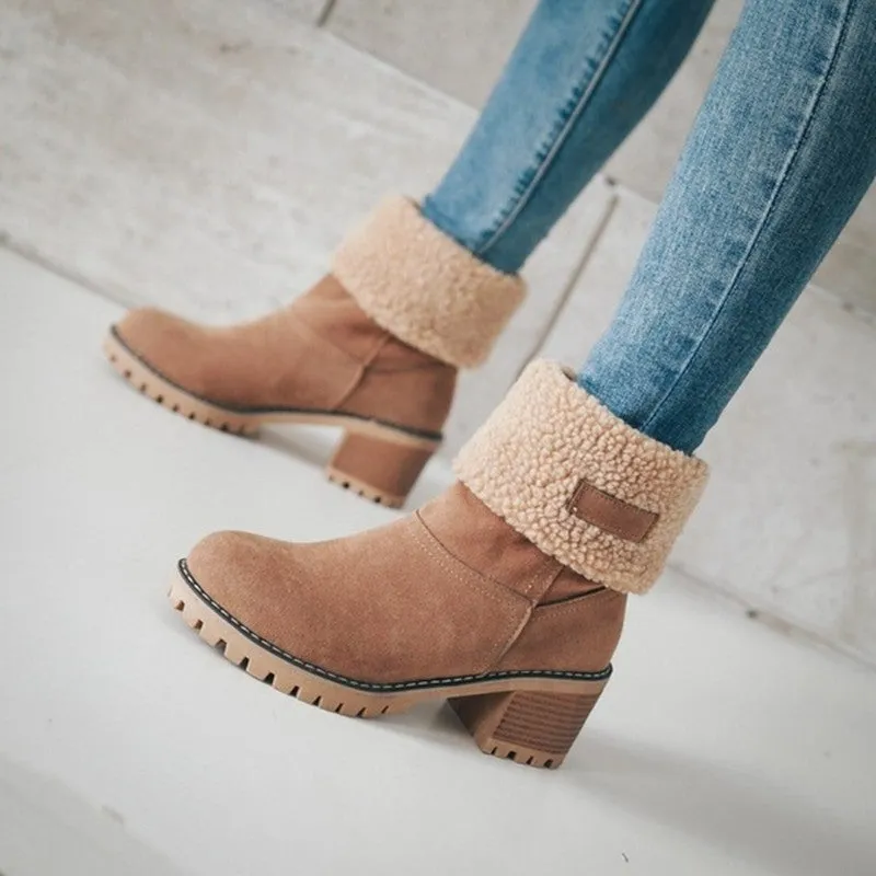 Wholesale  Mid Length Thick Heeled Suede Rubber Winter Shoes