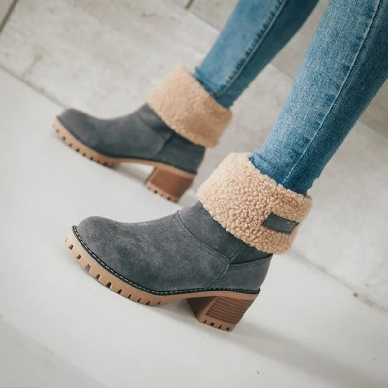 Wholesale  Mid Length Thick Heeled Suede Rubber Winter Shoes