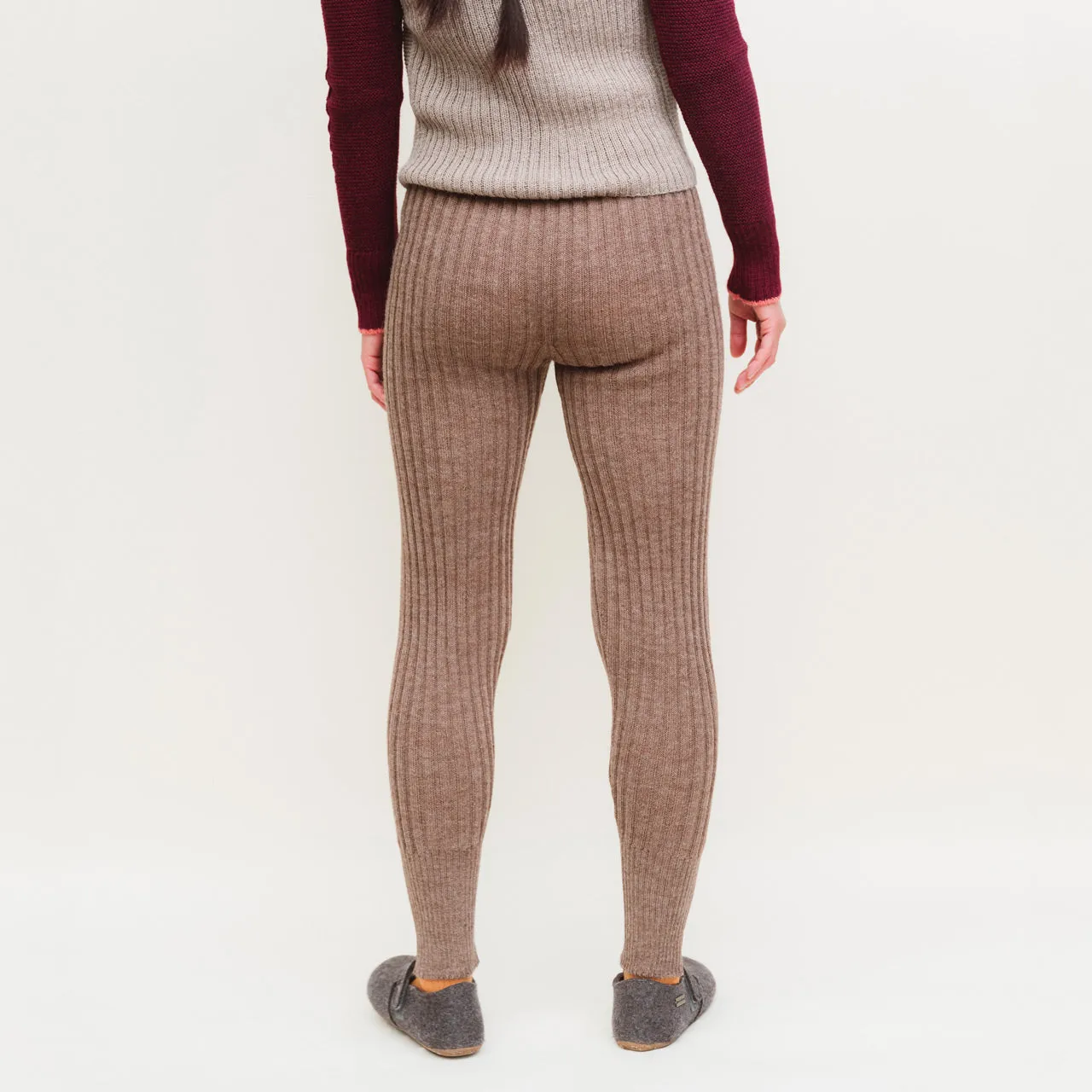 Women's High Waisted Knitted Rib Leggings - 100% Baby Alpaca - Mocha (L-XL) *SECONDS/MENDED