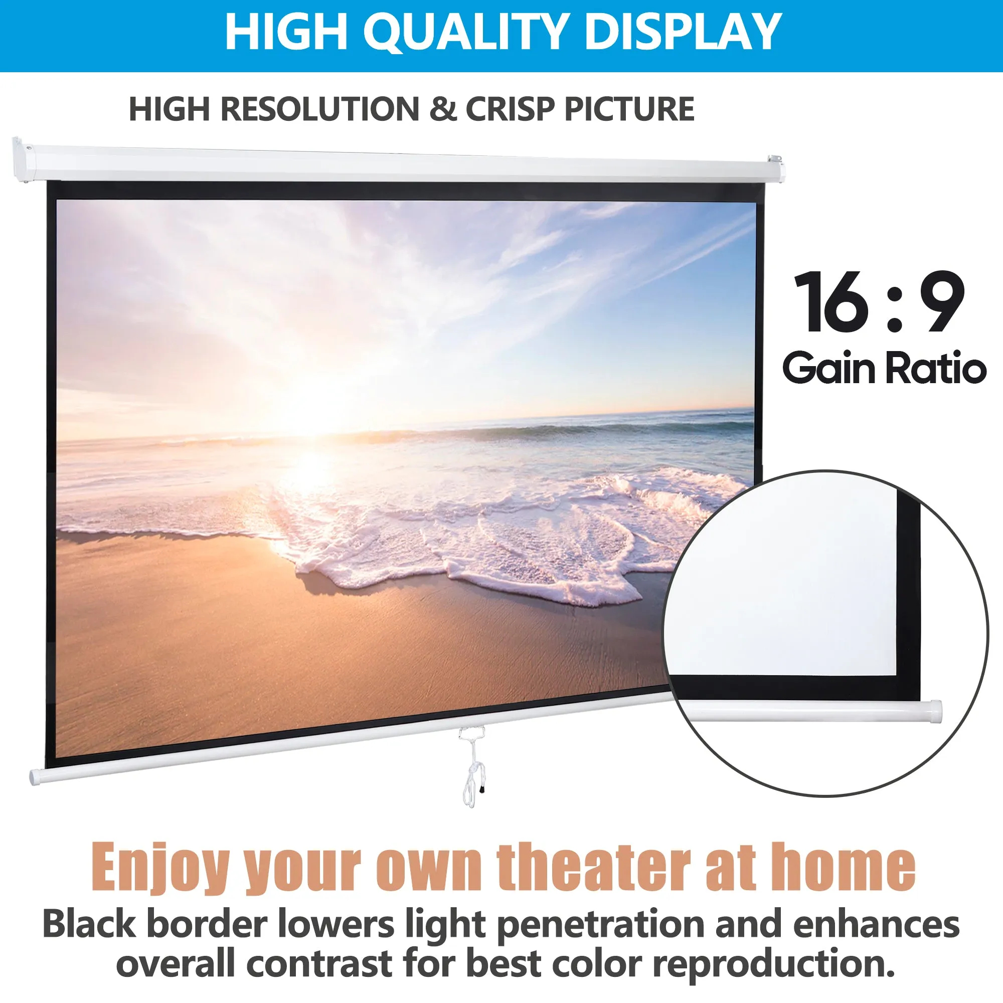 ZENY™ 16:9 HD Projection Screen Foldable Anti-Crease Portable Projector Movie Screen Manual Pull Down